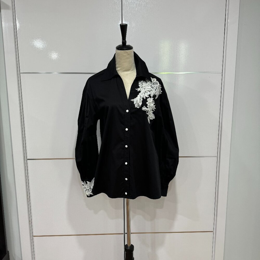 GIZIA Belted Embroidery Detailed Voluminous Sleeve Black Blouse, Size 38 - Picture 4 of 17